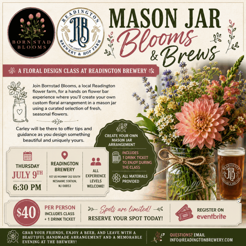 event mason jar blooms brews readington brewery july 9 2026 1024x1024